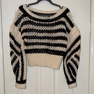 Zara Black & Cream Open-Knit Striped Cropped Crewneck Sweater